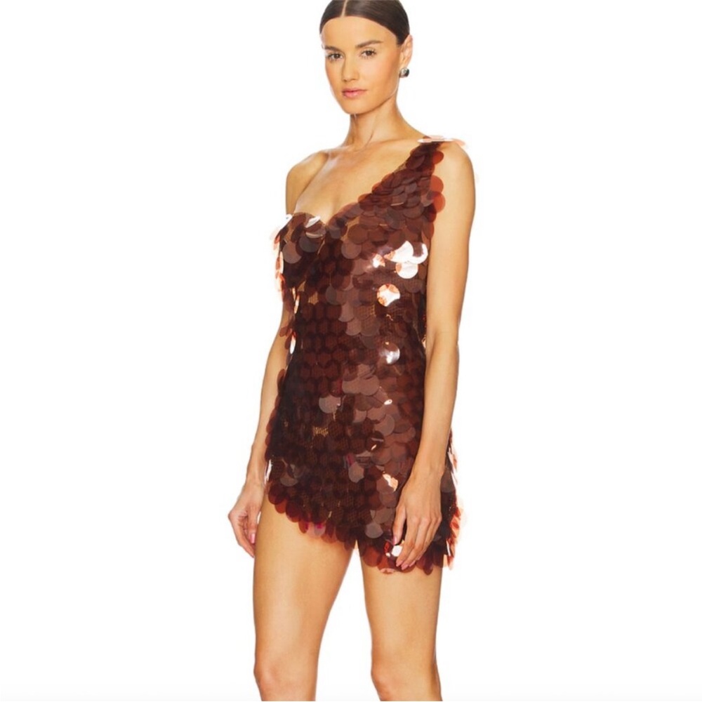 The Dolls House Gia Drape Mini Dress Set in Brown Copper Sequin size large $495 - Picture 4 of 14